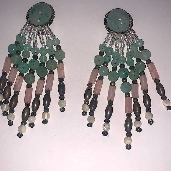 Vintage earrings semi precious stones jade, rose quartz - Picture 1 of 3